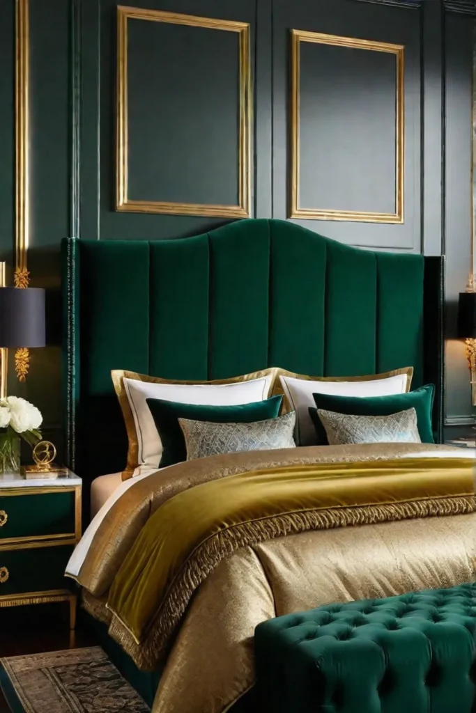 Bedroom with jewel tones and opulent decor