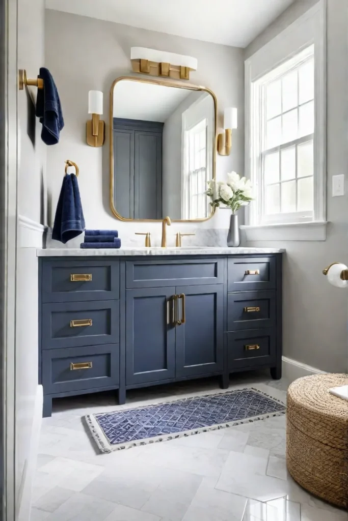 Beige and gray bathroom with brass accents and navy blue details