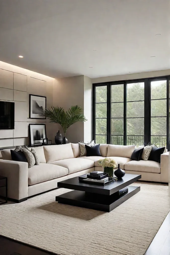 Beige sectional sofa and black coffee table in a minimalist living room