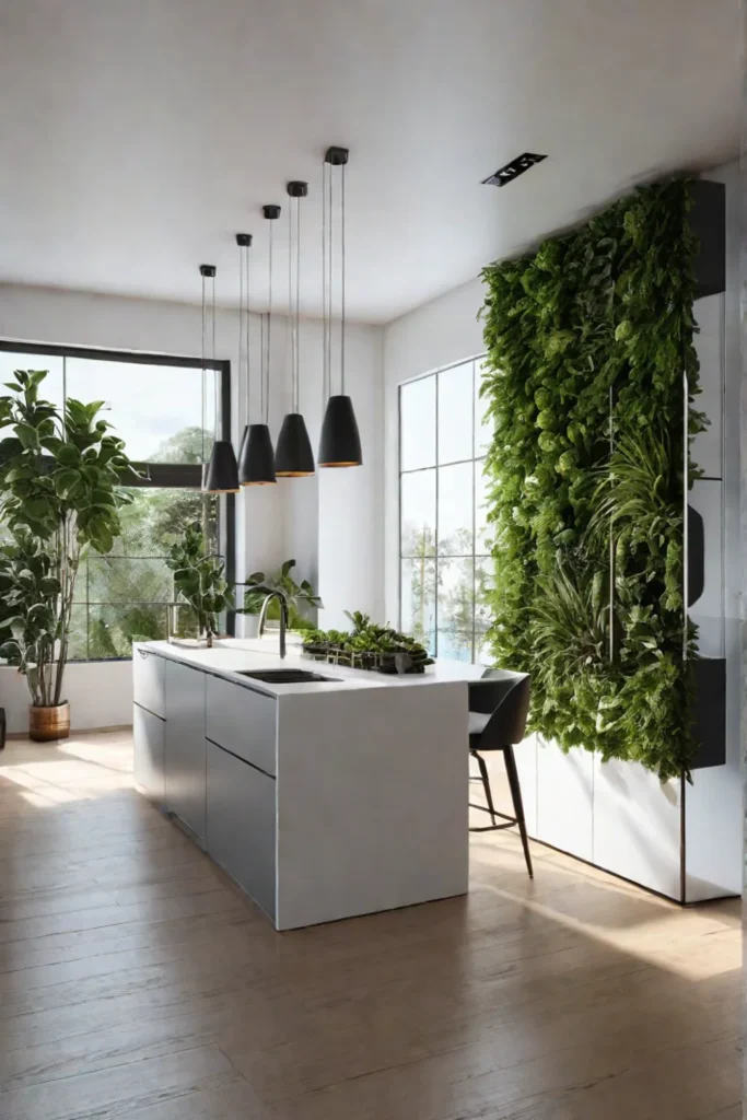 Biophilic kitchen with indoor plants and natural wood