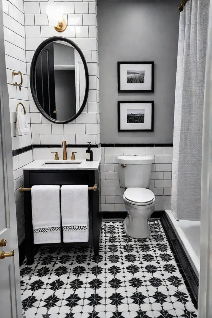 Black and white patterned tile border adds visual interest to a small bathroom