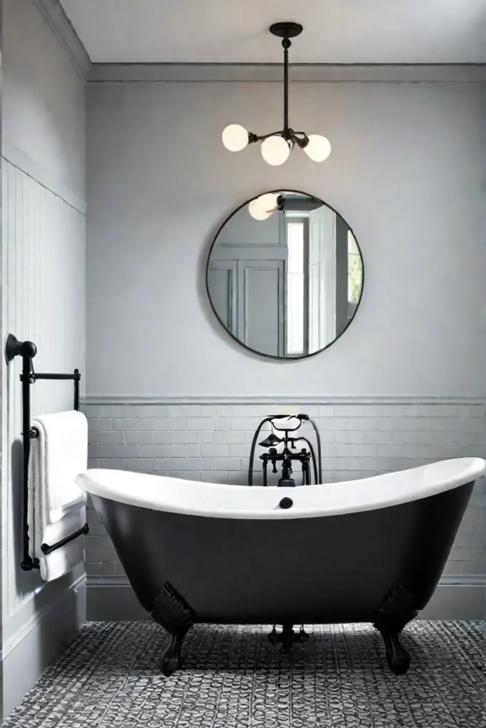 Black stone clawfoot tub with floormounted faucet