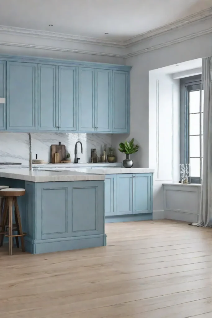 Blue kitchen cabinets with molding Coastal kitchen design