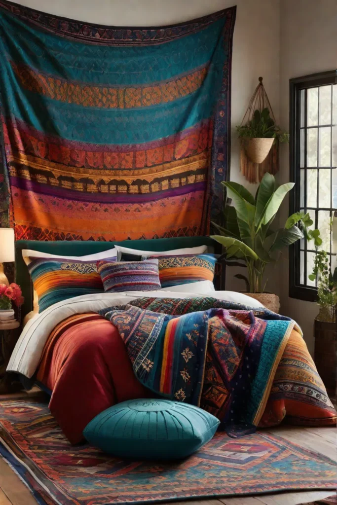 Bohemian bedroom with vibrant colors and eclectic decor
