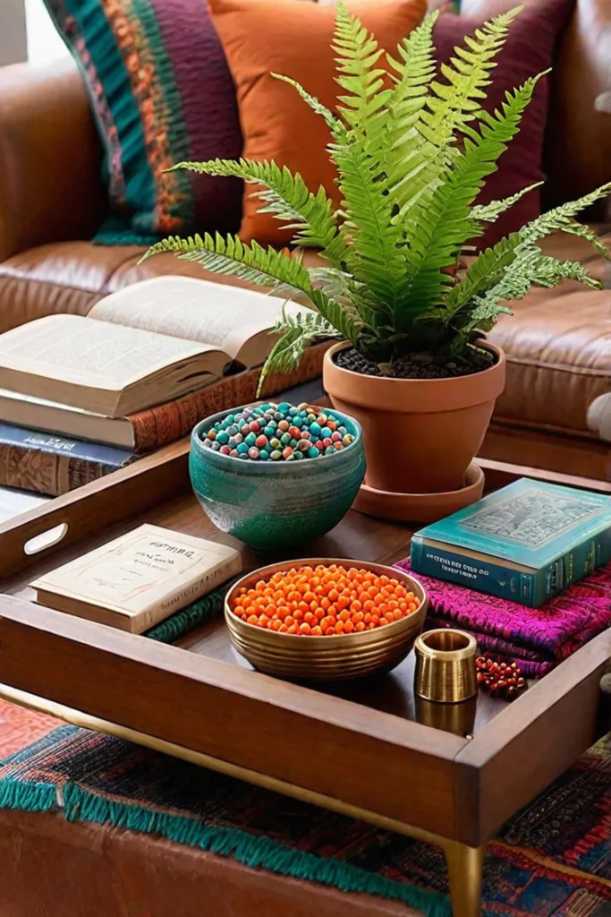 Bohemian coffee table styling with eclectic decor and plants