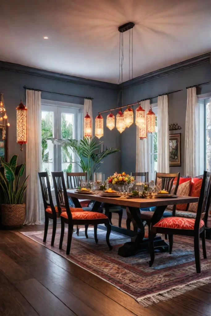 Bohemian dining eclectic lighting colorful textiles