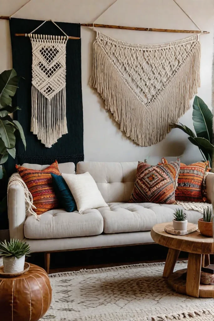 Bohemian living room with thrifted decor and macrame
