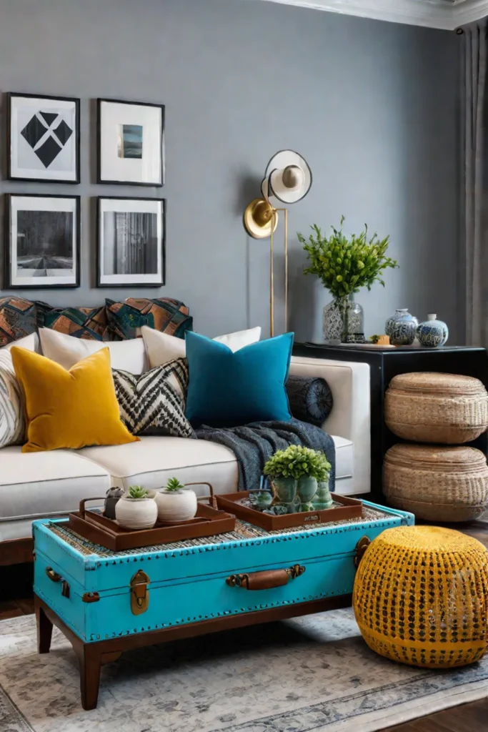 Bohemian living room with vintage trunk coffee table
