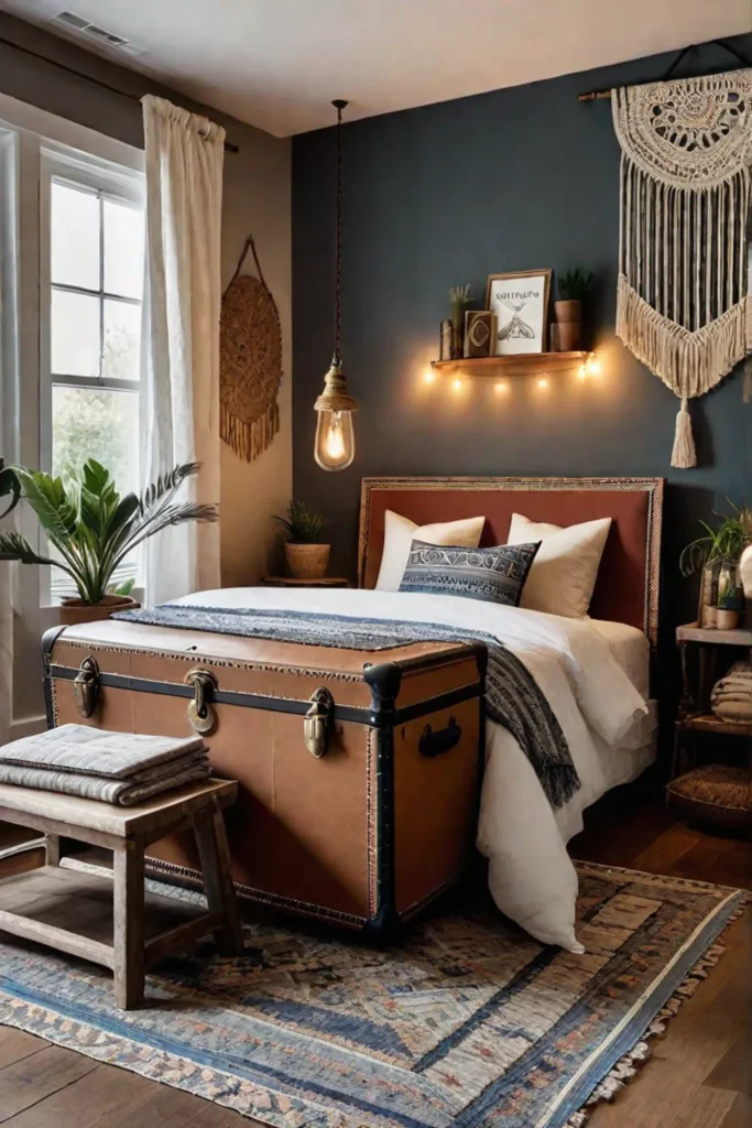 Bohemian small bedroom with a storage trunk and decorative wall hangings
