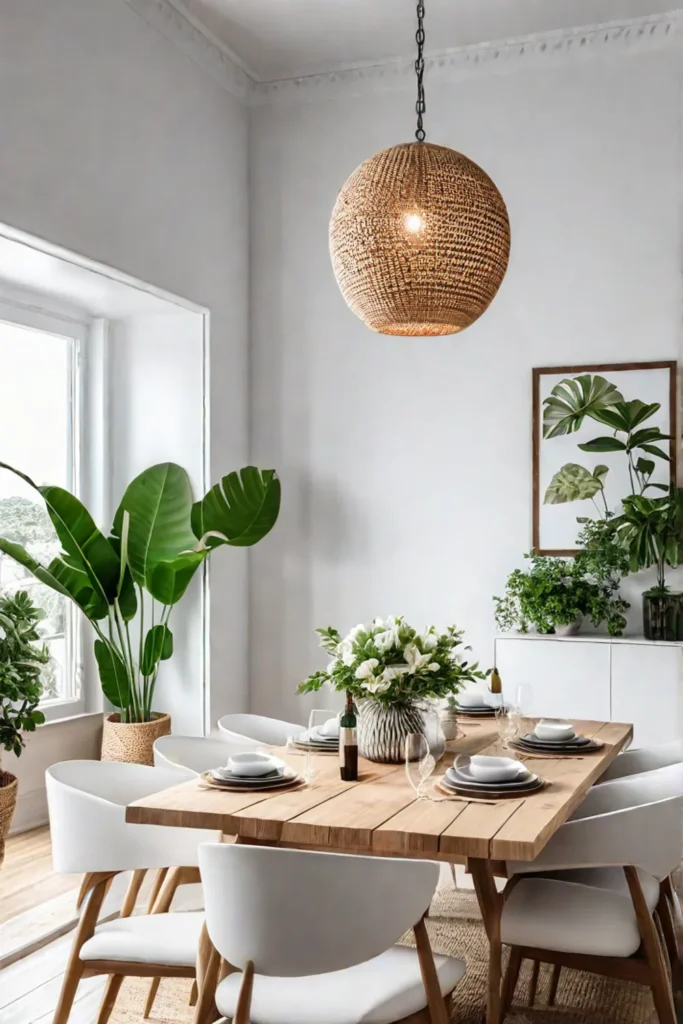 Bright and airy dining space with natural textures