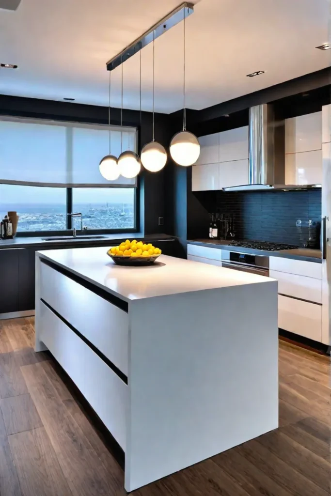 Bright and functional kitchen with recessed pendant and undercabinet lights