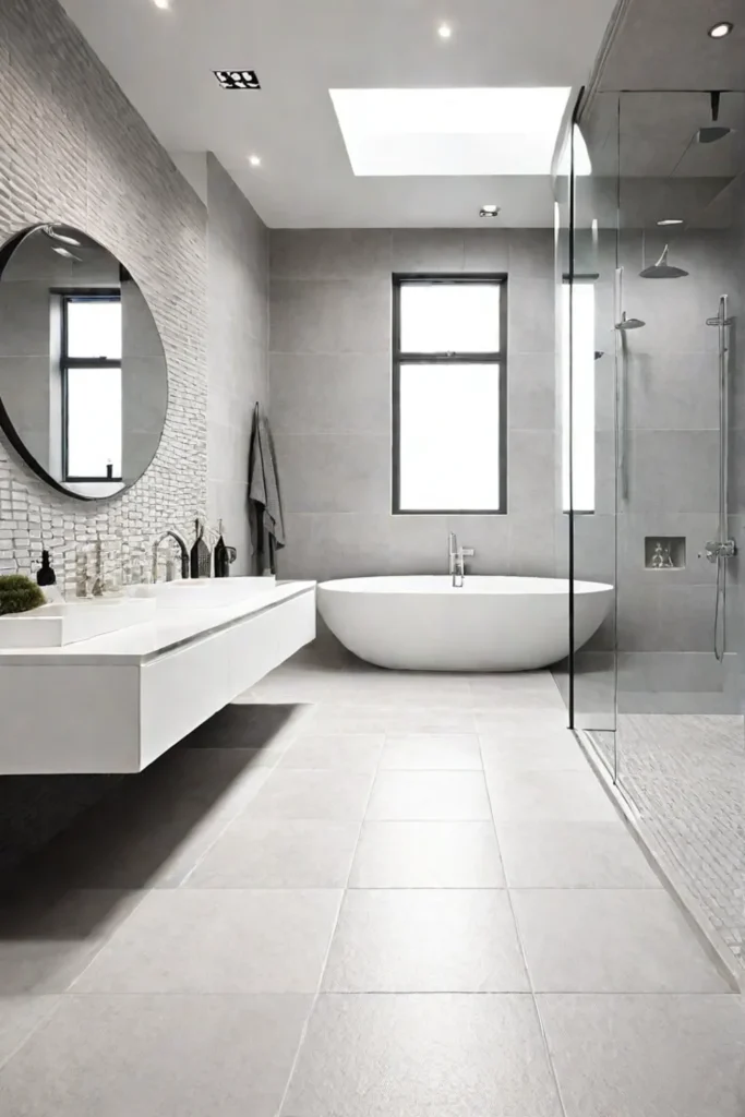 Bright bathroom with white textured tiles and gray porcelain floor
