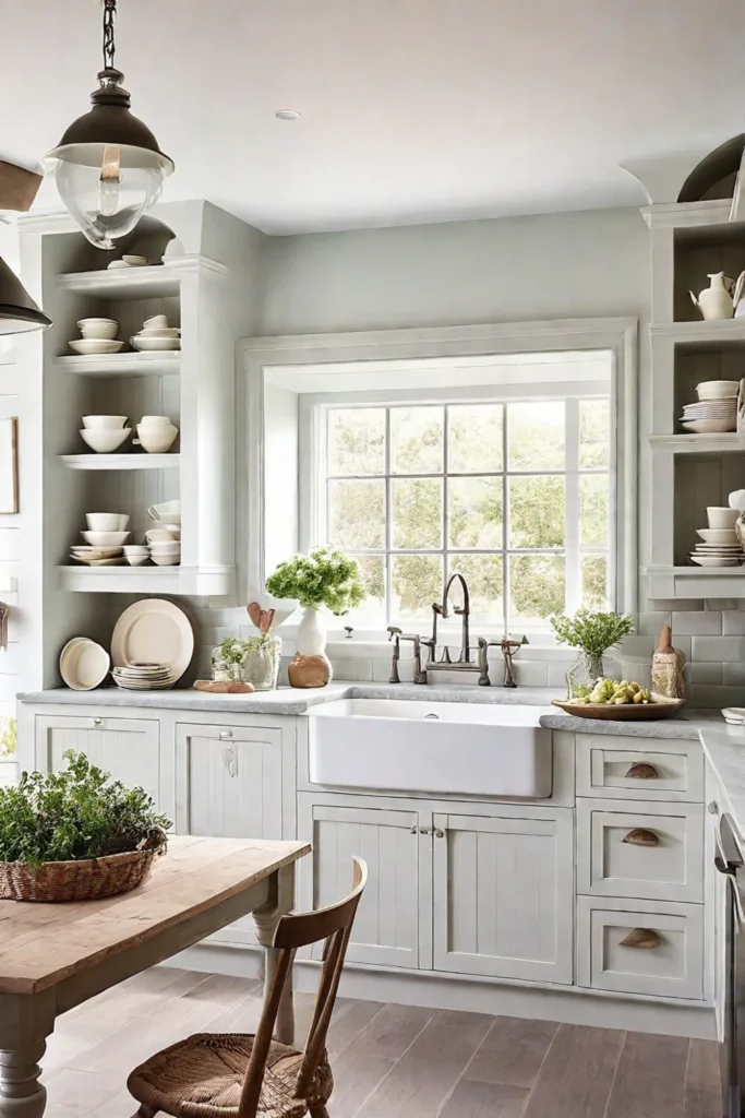 Bright cottage kitchen with open shelving