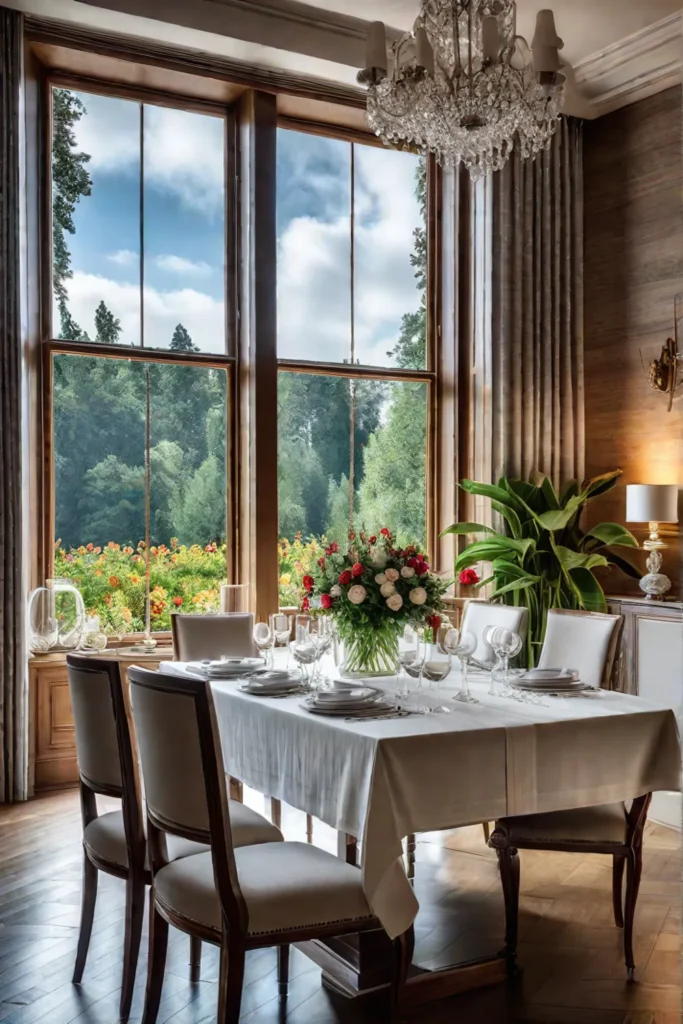 Bright dining room with garden views and elegant table setting