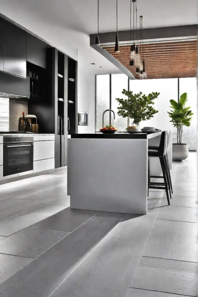Bright kitchen with ceramic tile flooring