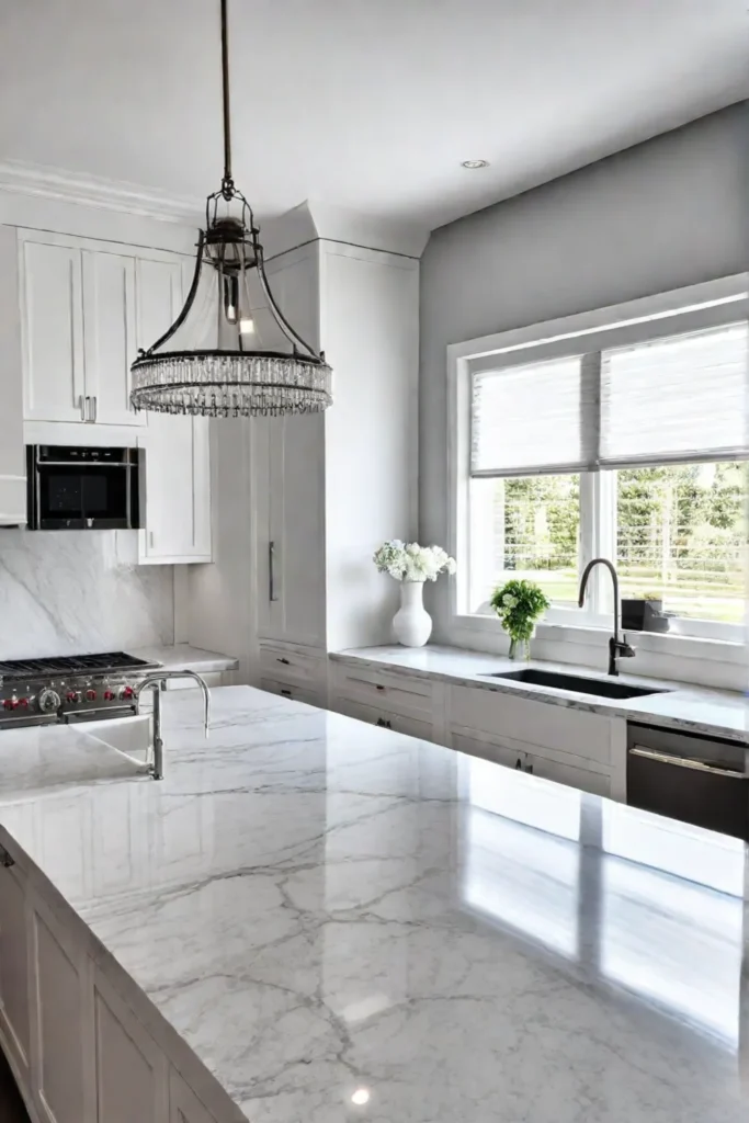 Bright kitchen with white cabinets and light grey quartz countertop
