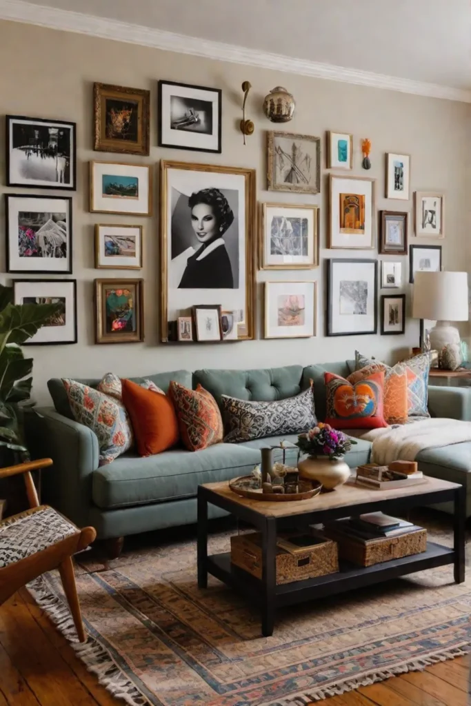 Budgetfriendly living room with vibrant textiles and gallery wall
