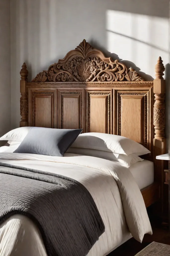 Carved wooden headboard as a focal point in a peaceful bedroom