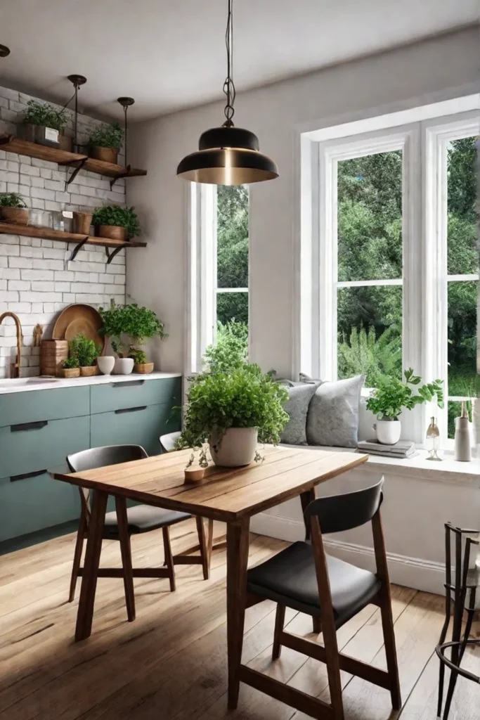 Charming small kitchen with open shelving and dualpurpose dining table