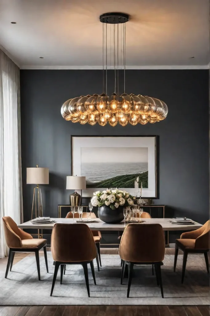 Chic dining room layered lighting abstract art