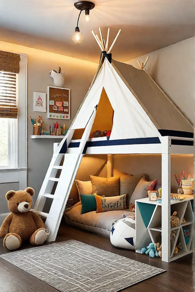 Childs bedroom with loft bed and storage