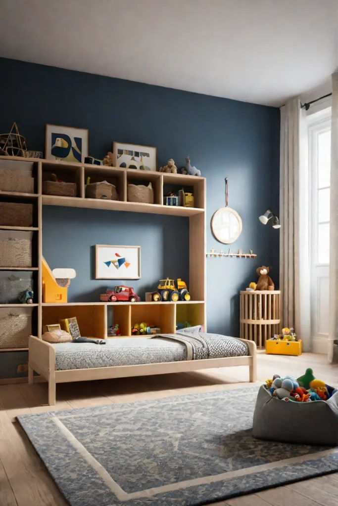 Childs bedroom with low shelves and floor bed