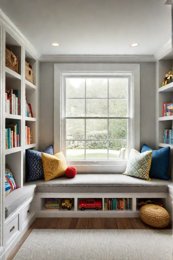 Childs bedroom with window seat storage