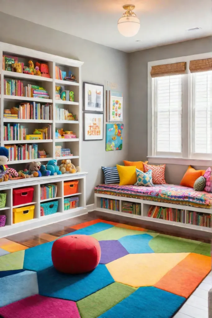 Childs playroom with reading nook and storage