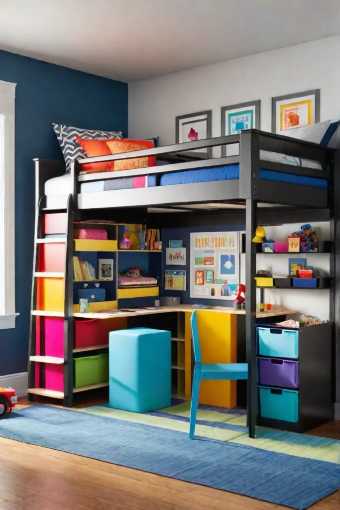 Childs small bedroom with a loft bed and colorful storage solutions