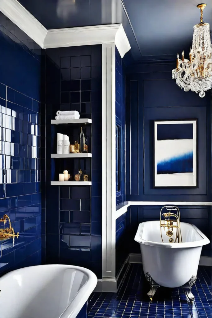 Clawfoot tub with airjet technology against dark blue tile