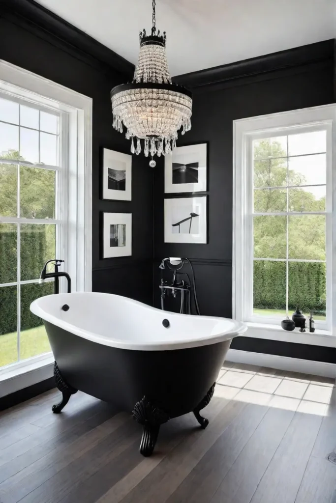 Clawfoot tub with modern fixtures in a bathroom with traditional wainscoting