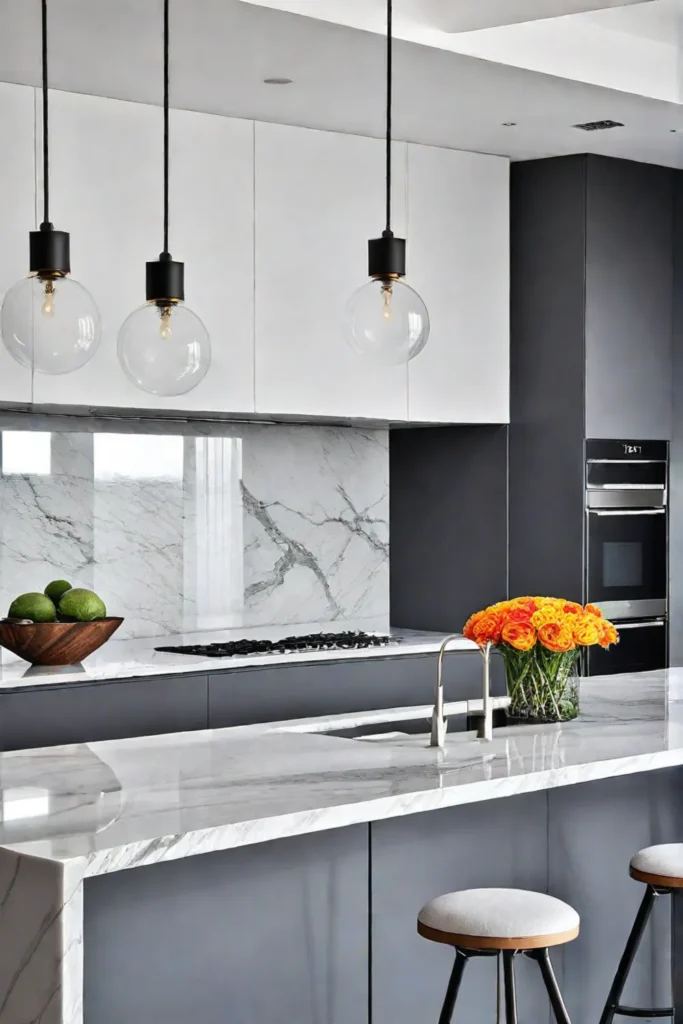 Clean and airy kitchen design with veined quartz countertop