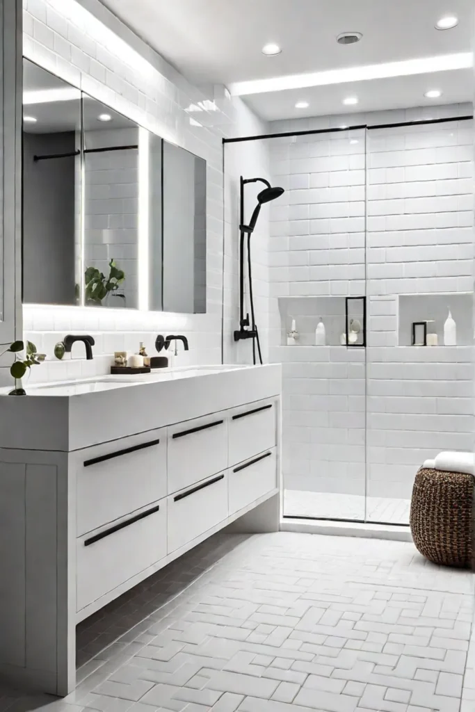 Clean and airy white tiled bathroom with minimalist design