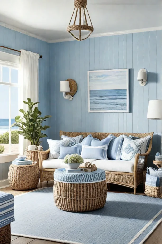 Coastalthemed small living room with light colors