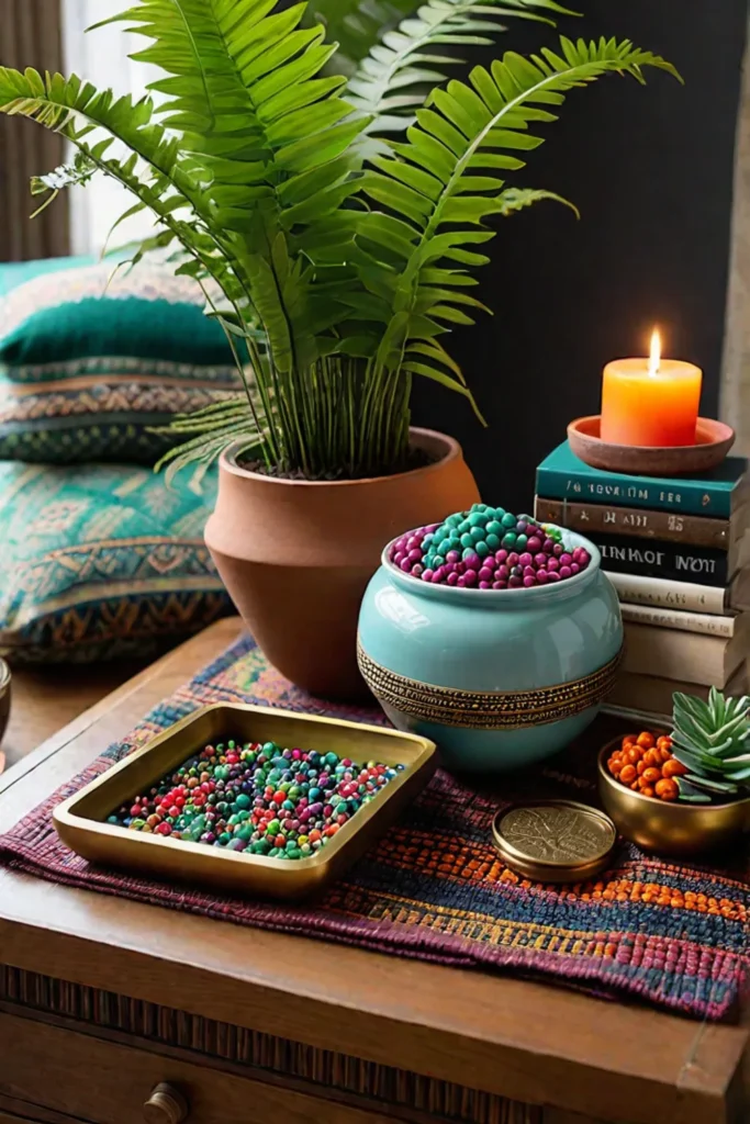 Coffee table decor with woven tray and vibrant colors