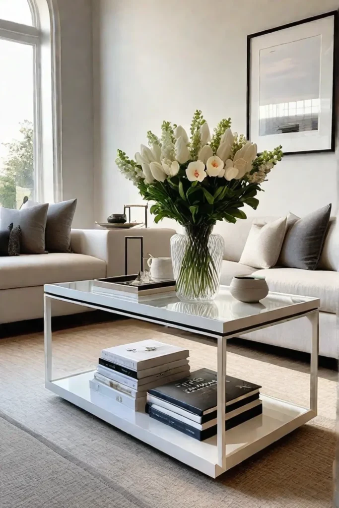 Coffee table styling with fresh flowers books and natural light