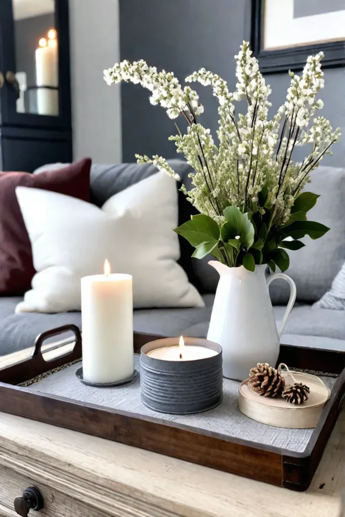 Coffee table styling with galvanized metal and neutral tones
