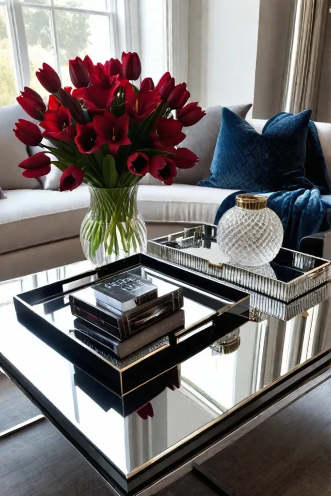 Coffee table styling with luxurious textures and jewel tones