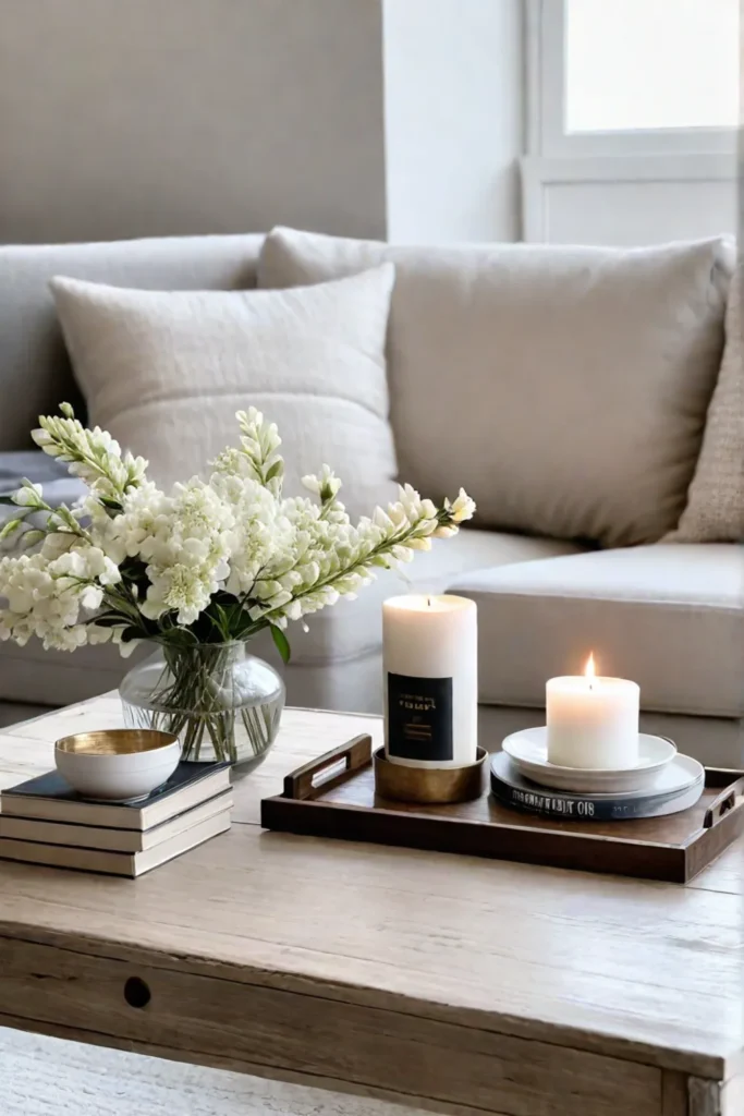 Coffee table styling with wooden tray and neutral tones