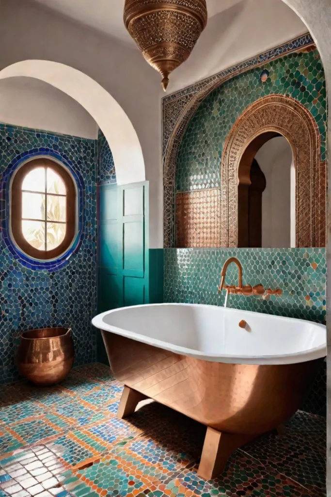 Colorful bathroom with patterned tiles and a copper sink