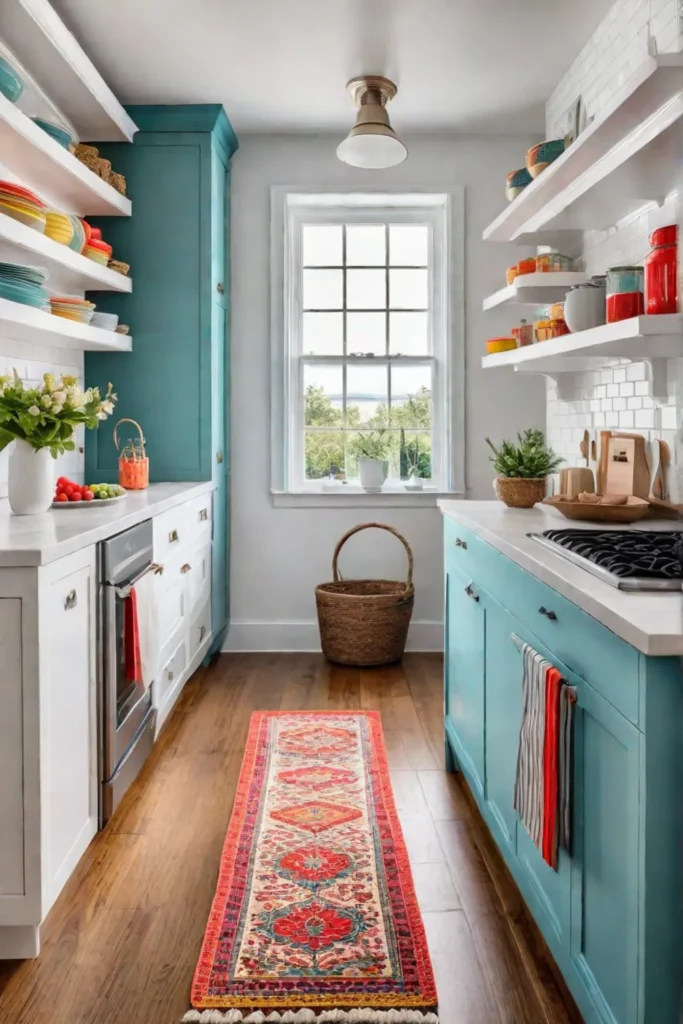 Colorful cottage kitchen with open shelving