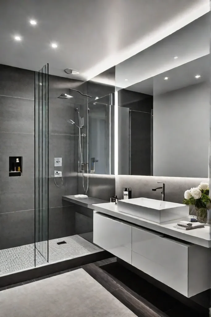 Contemporary bathroom design with large mirror and sleek fixtures
