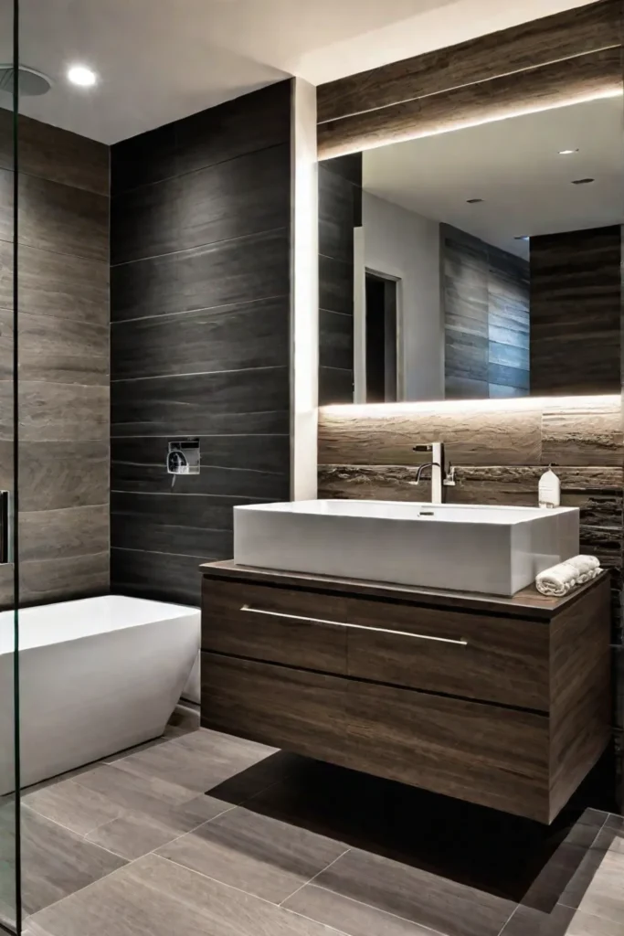 Contemporary bathroom with porcelain and stone tiles