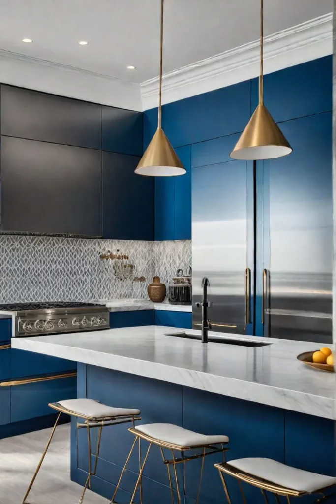 Contemporary kitchen design showcasing the balance between bold color and neutral elements