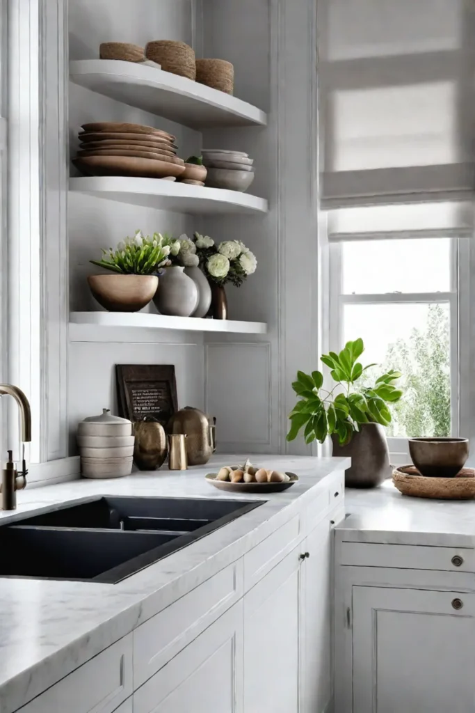 Contemporary kitchen with open shelving showcasing ceramics