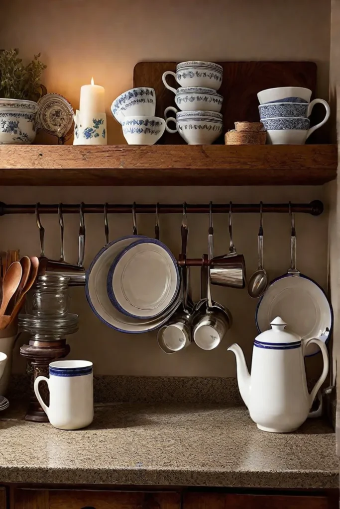 Cottage kitchen with antique dishware display