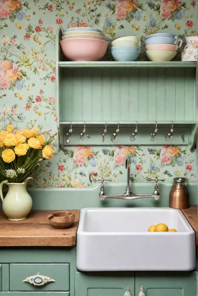 Cottage kitchen with floral wallpaper and pastel accents