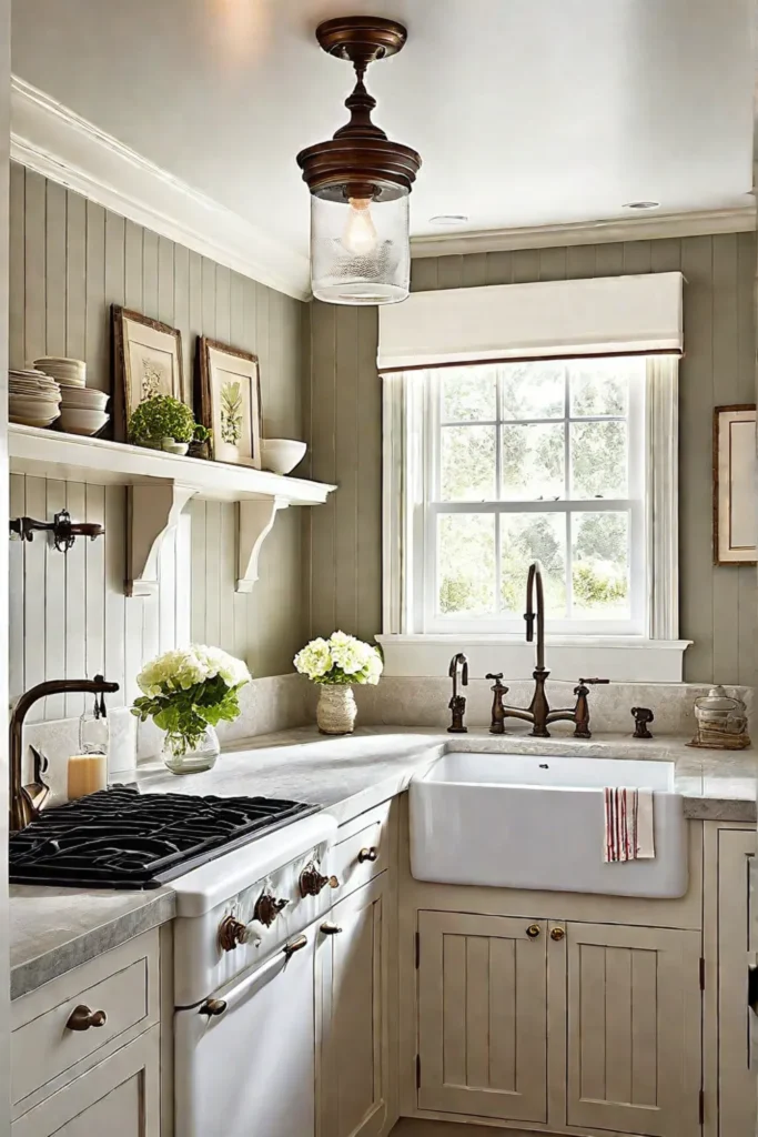 Cottage kitchen with frosted glass sconces