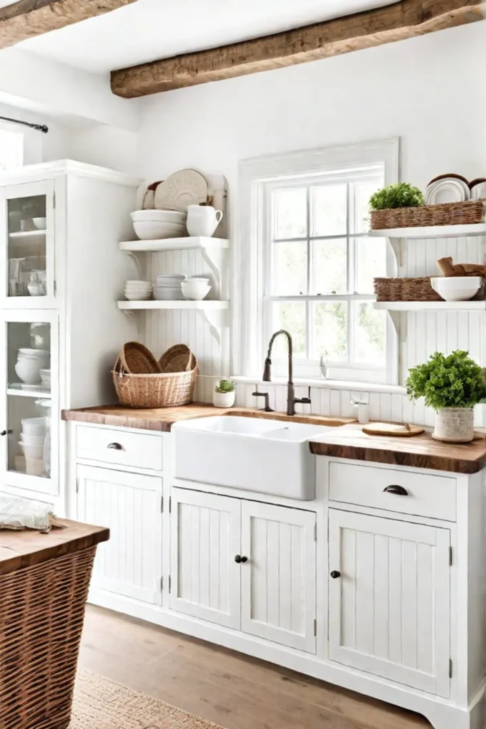 Cottage kitchen with white cabinets and butcher block countertops
