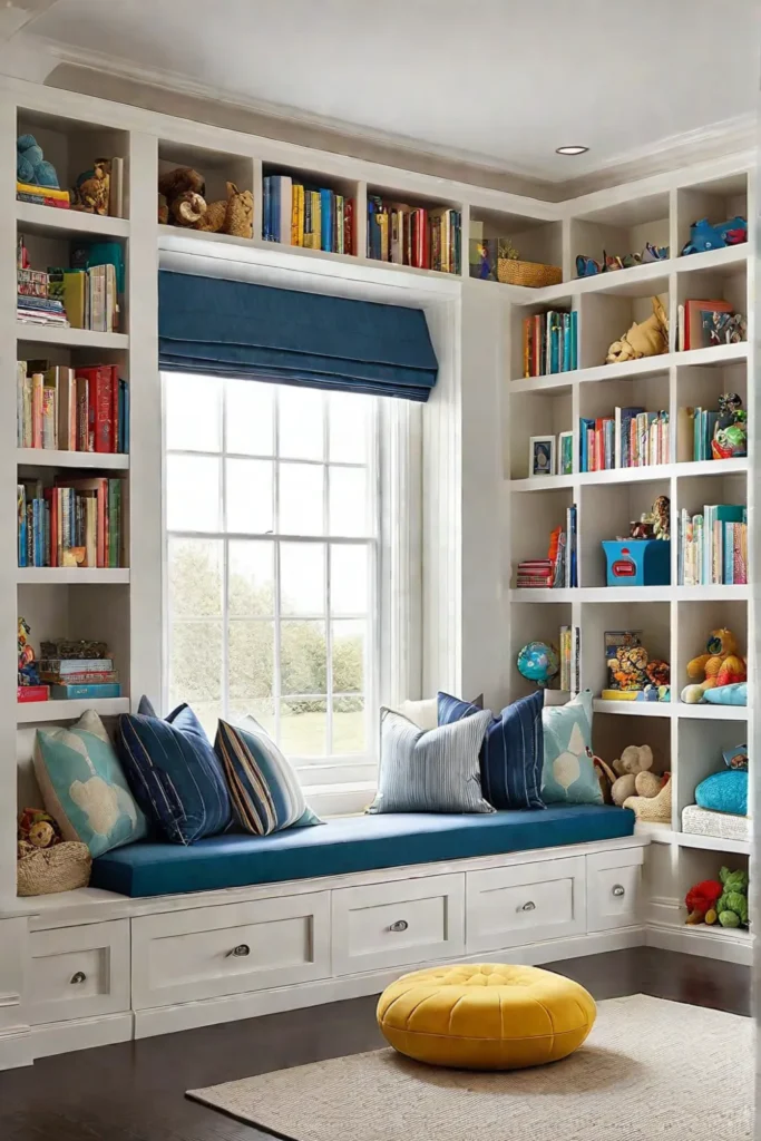 Cozy bedroom with reading nook and bookcase